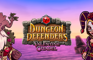 Dungeon Defenders Logo featuring the new Wooden Hermit (left) and Lover Jester (right) outfits.